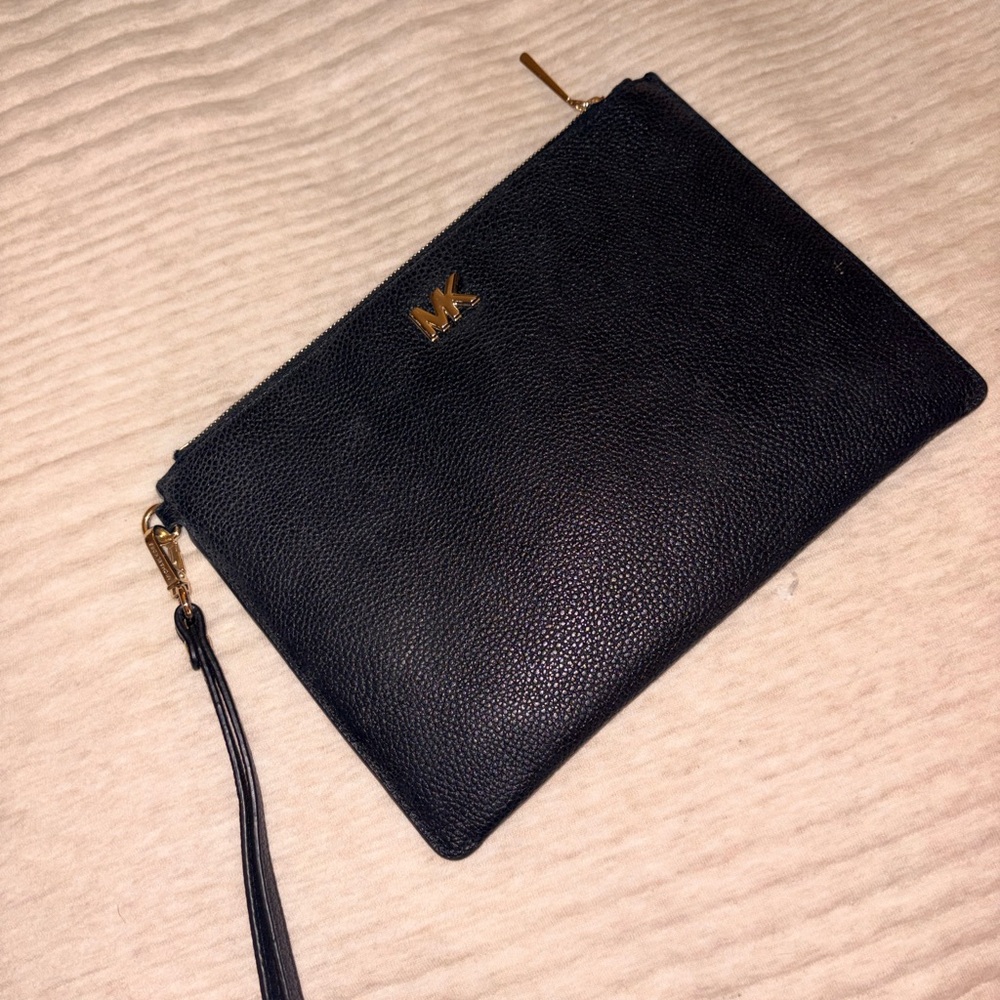Michael Kors Black Pebbled Leather Wristlet with Gold Hardware